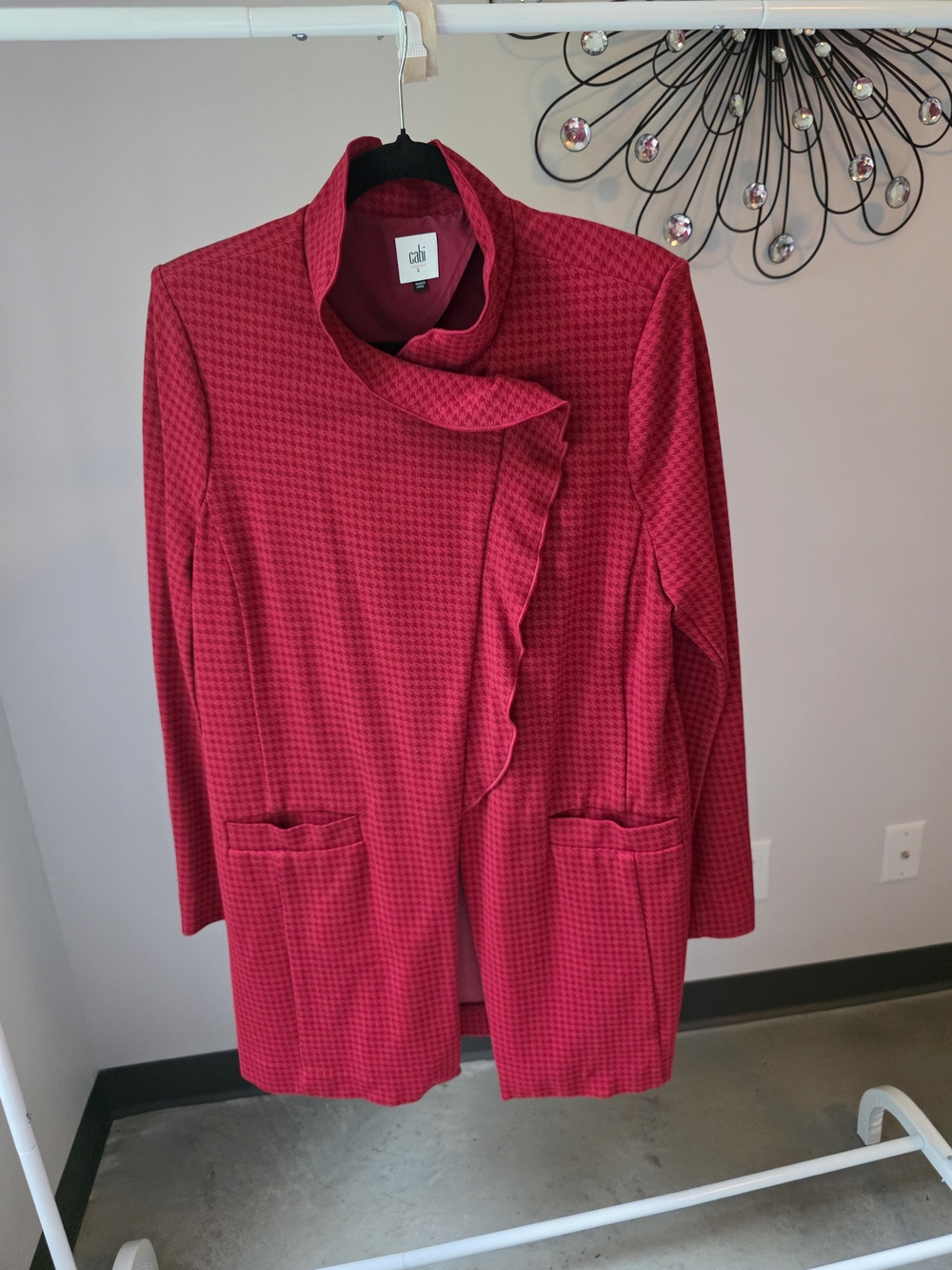 CAbi Vibrant Red Houndstooth Cascade Front Jacket